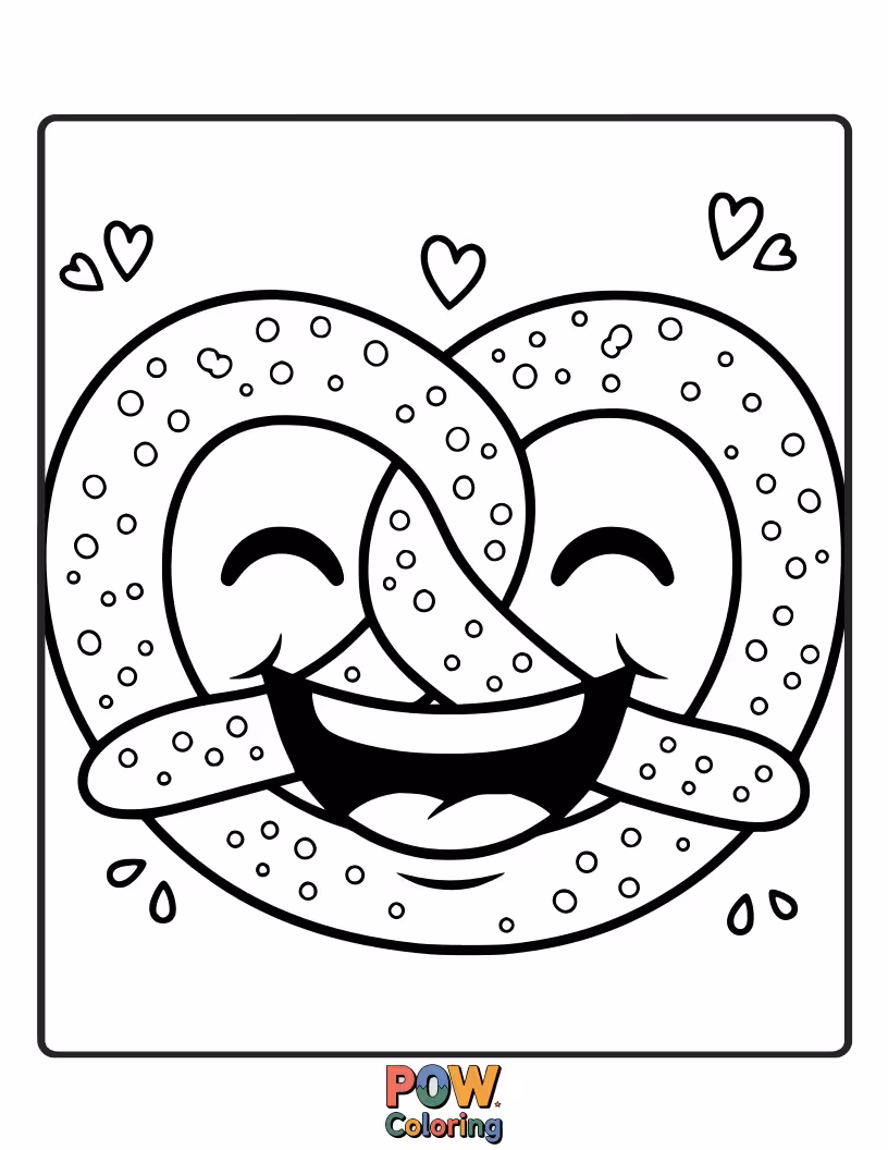 Free coloring page of A large, friendly pretzel with an exaggerated, joyful smile. A super cute and easy coloring design.