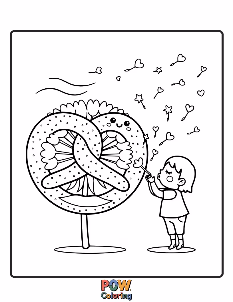 Free coloring page of A pretzel blowing on a dandelion, sending wishes into the air. A delicate and hopeful scene.