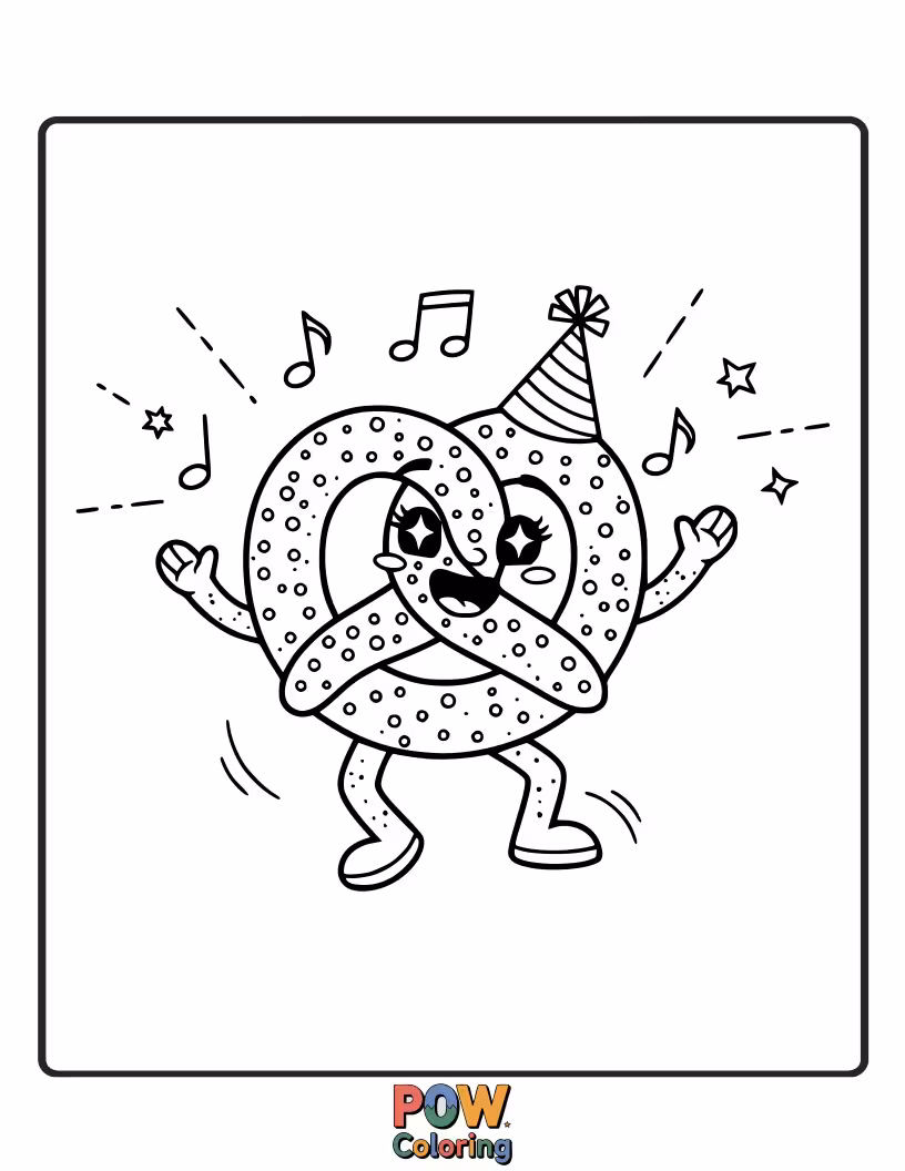 Free coloring page of A pretzel doing a joyful jig with little musical notes around. Capture the fun with vibrant colors.