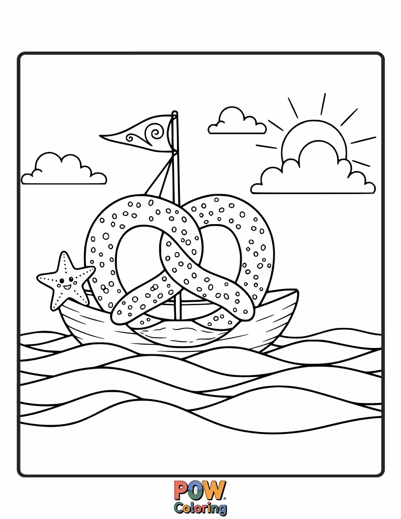Free coloring page of A pretzel sailing on a tiny, charming boat across calm waters. A serene and imaginative journey.