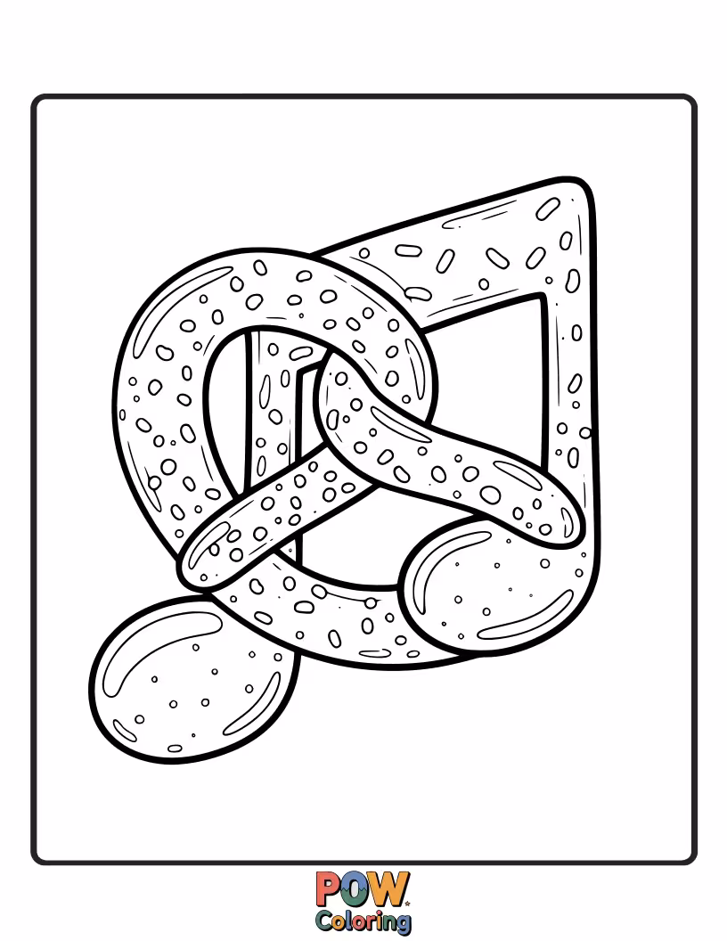 Free coloring page of A pretzel playfully interacting with a large, musical note. A harmonious and rhythmic coloring page.