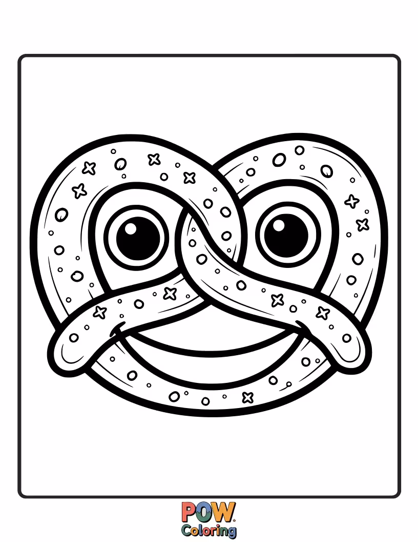 Free coloring page of A simple, bold outline of a happy pretzel with a big smile. Easy and delightful for all ages.