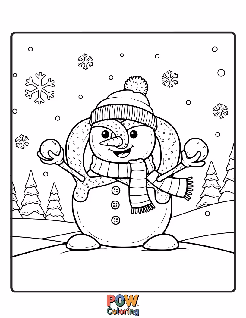 Free coloring page of A pretzel peeking out from a gentle snowfall, perhaps with a tiny scarf. A cozy winter scene.