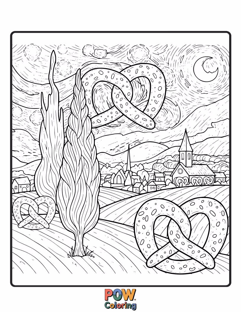 Free coloring page of A pretzel gazing up at a sky full of twinkling stars. A magical and dreamy coloring experience.