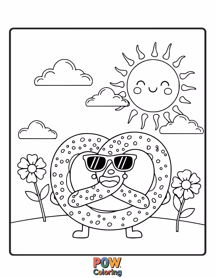 Free coloring page of A pretzel enjoying a bright, sunny day with little rays of sunshine. Simple, cheerful, and full of warmth.