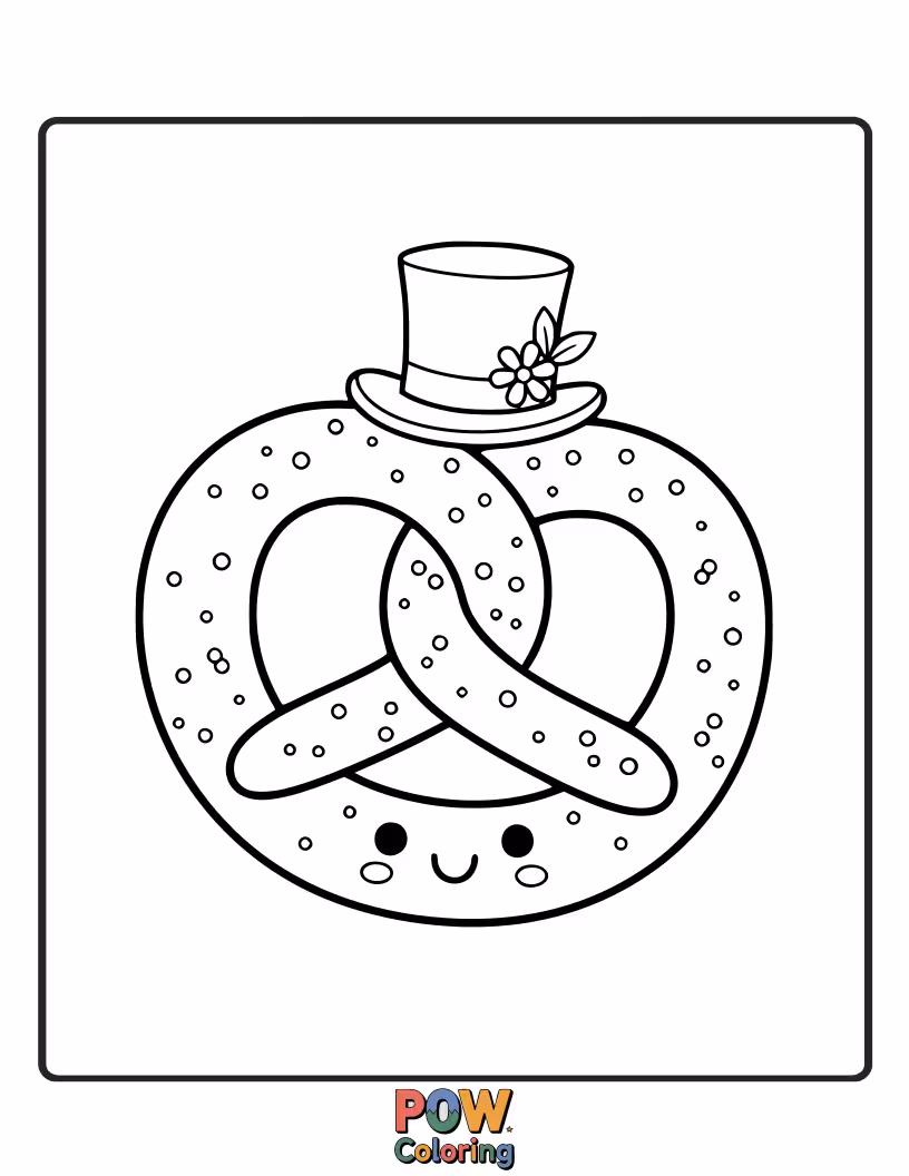 Free coloring page of A pretzel wearing a cute, little hat, perhaps a party hat or a beanie. Adds a touch of playful charm.