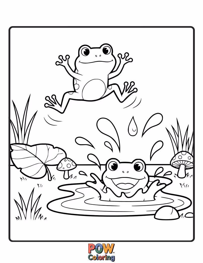 Free coloring page of Energetic frogs gleefully jumping through oversized puddles in a lush garden, splashing with joy and abandon.
