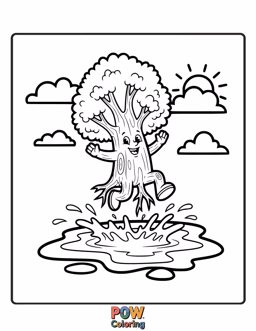 Free coloring page of A playful poplar tree, gleefully splashing in puddles with its leafy branches.