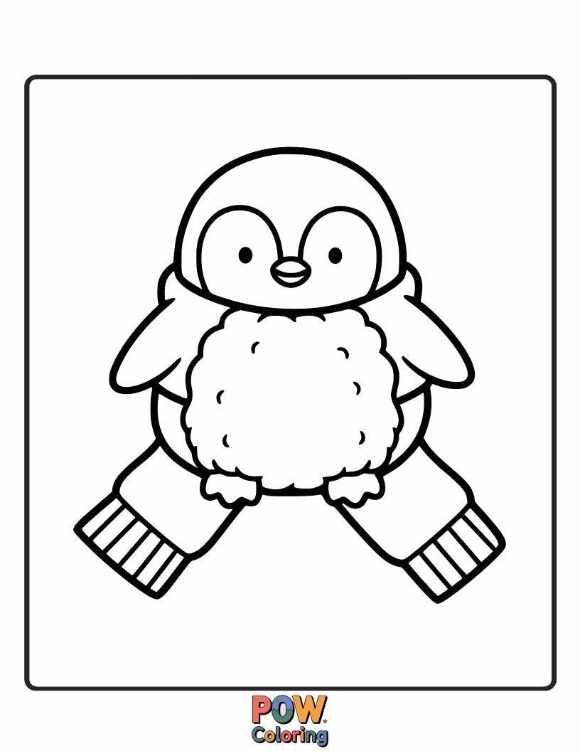 Free coloring page of A happy penguin waddling along with a wonderfully warm, oversized scarf. Embrace the joy of winter fun.