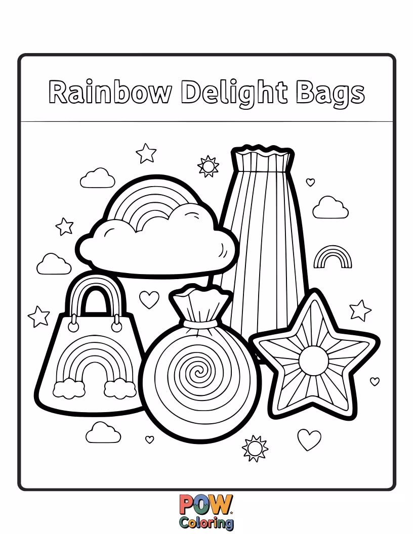 Free coloring page of Vibrant bags designed with a spectrum of colors, celebrating the joy and beauty of a bright, cheerful rainbow.