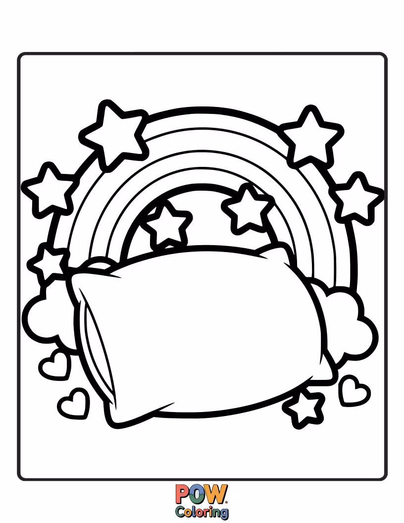 Free coloring page of A soft pillow adorned with a vibrant rainbow arching over it. Imagine filling its colorful journey with your favorite hues.