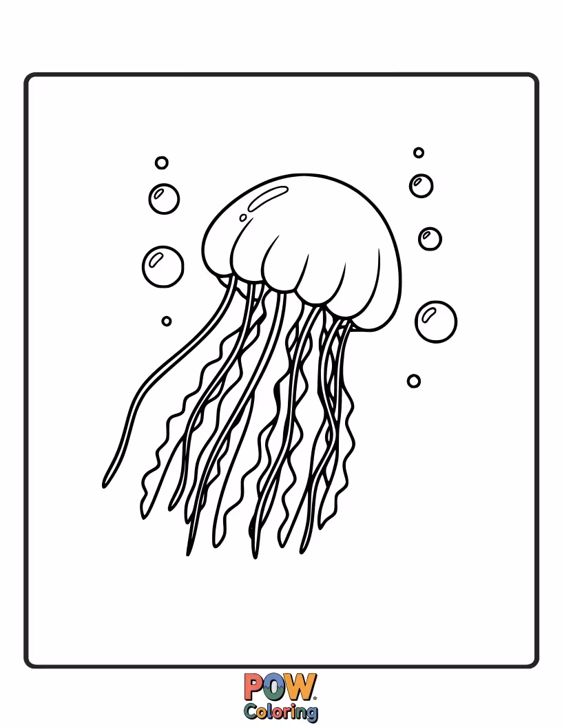 Free coloring page of Translucent jellyfish in a spectrum of bright colors drift elegantly through the water, leaving trails of magic.