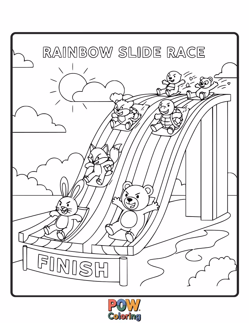Free coloring page of Cute characters are gleefully sliding down a vibrant, magical rainbow in a thrilling race to the bottom.
