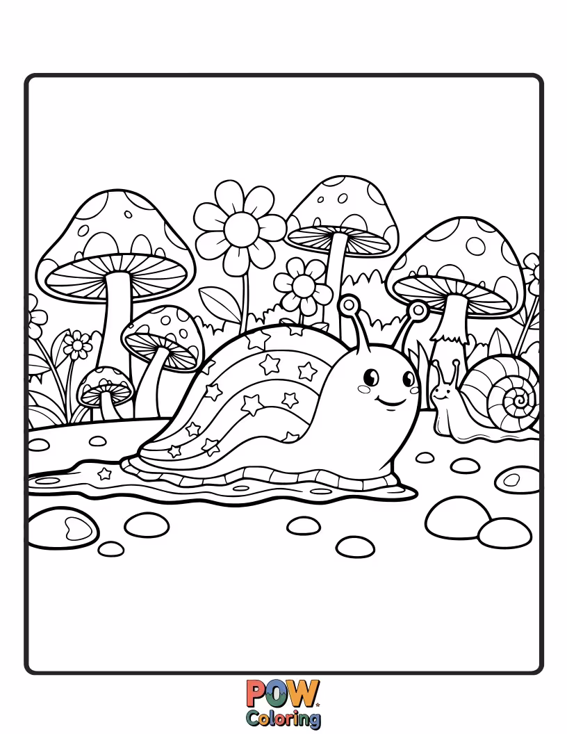 Free coloring page of A cheerful slug leaving a sparkling rainbow trail as it glides peacefully through a vibrant and colorful garden.