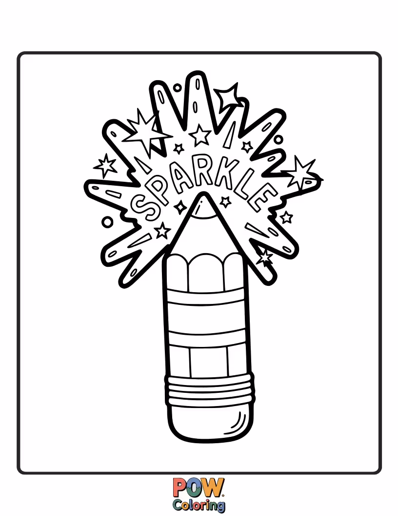 Free coloring page of A vibrant pencil adorned with a cascading rainbow and twinkling stars. Unleash your imagination with this magical coloring experience.