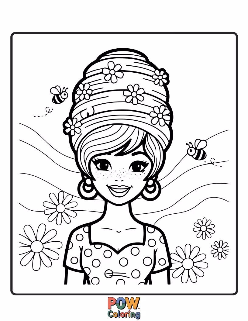 Free coloring page of A classic beehive hairstyle with a simple, elegant outline.