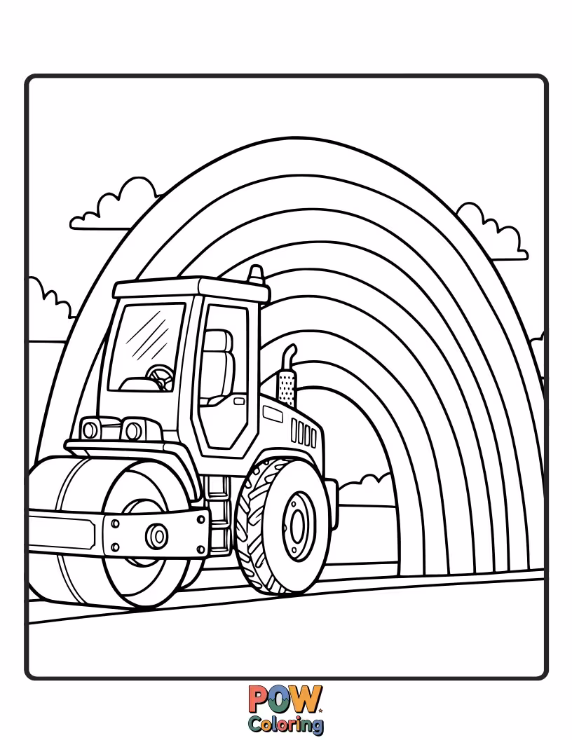 Free coloring page of A friendly road roller creating a path that transforms into a rainbow.