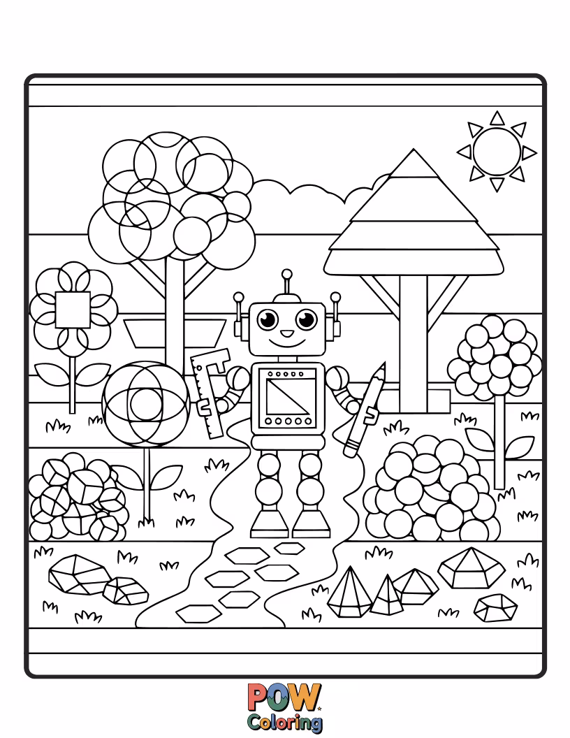 Free coloring page of A friendly robot architect meticulously arranging colorful geometric shapes in a futuristic garden.