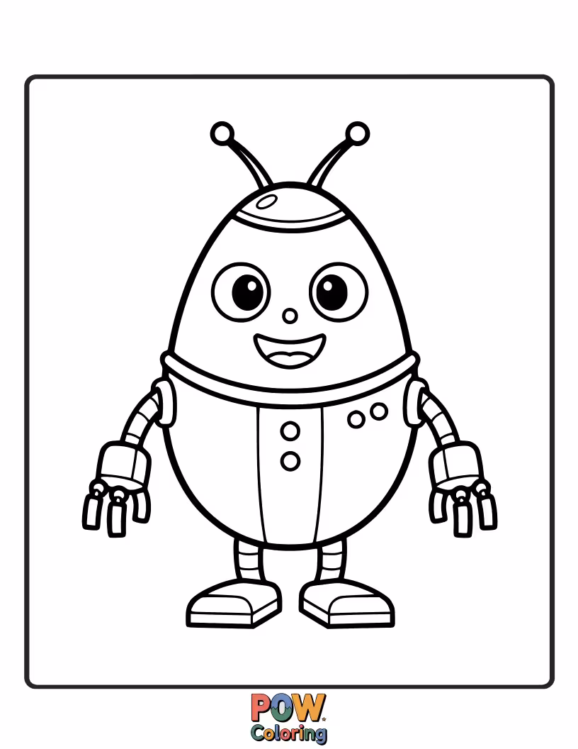 Free coloring page of A charming, slightly quirky egg transformed into a friendly robot with gears, bolts, and antennae, waiting for metallic hues.