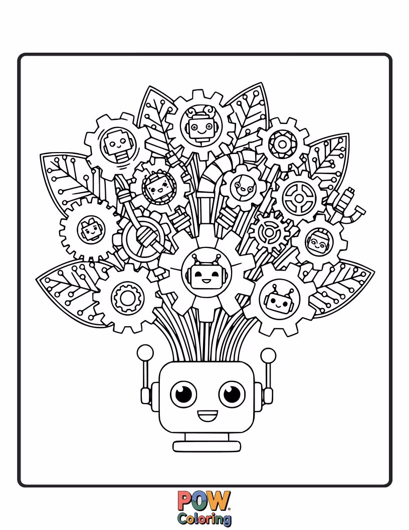 Free coloring page of A futuristic bouquet with metallic flowers and friendly, mechanical garden helpers.