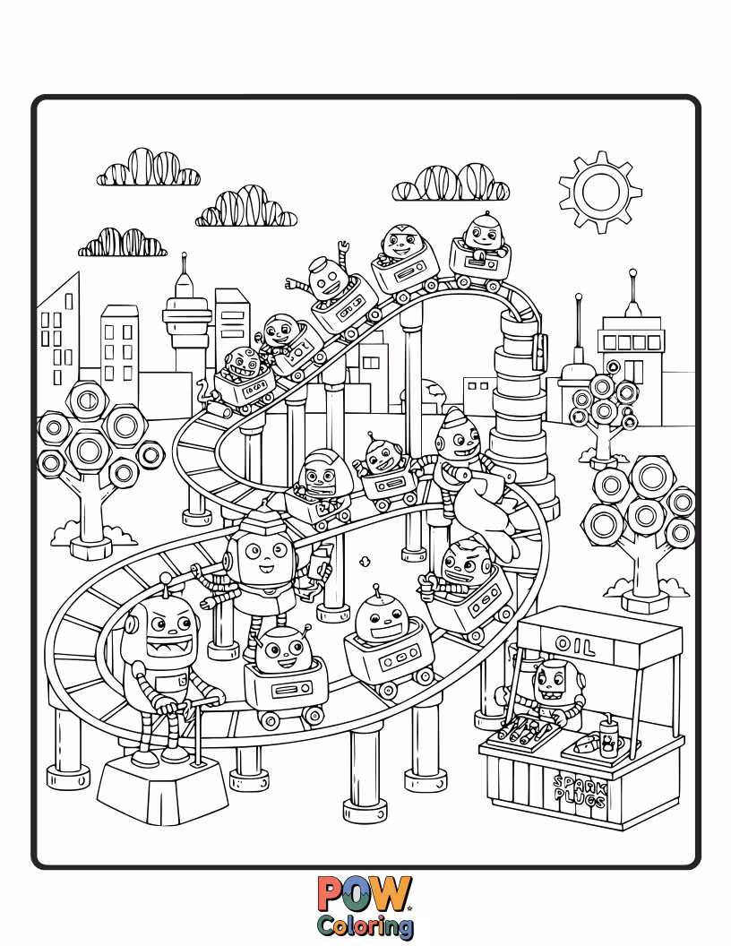 Free coloring page of Navigate a futuristic landscape of gears and circuits on this cool robot-themed roller coaster.
