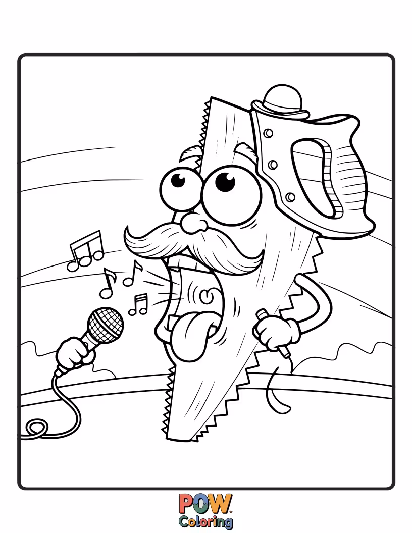 Free coloring page of A happy hand saw "cutting" a cloud while humming a tune.