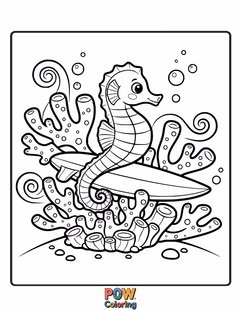 Free coloring page of A tiny seahorse gracefully rides a gentle wave through a vibrant coral garden, surrounded by aquatic plants.
