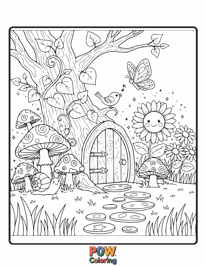 Free coloring page of Tiny, ornate fairy doors hidden amongst lush foliage, inviting imaginations to explore the hidden world of garden sprites.