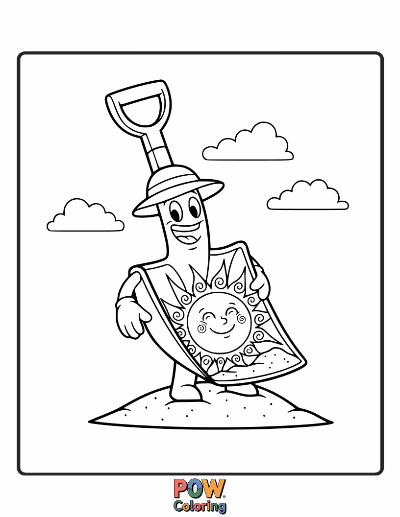 Free coloring page of A happy shovel scooping up sunshine and scattering it like confetti.