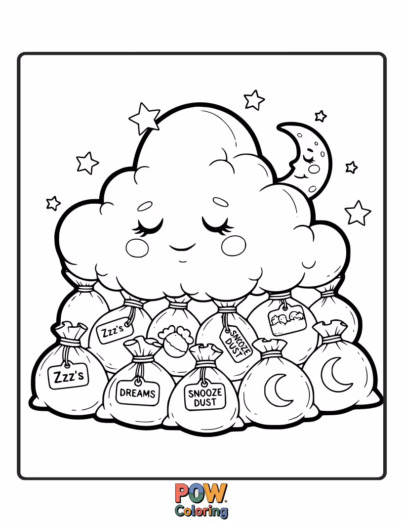 Free coloring page of Dreamy, sleepy cloud-shaped bags with gentle faces, perfect for peaceful coloring sessions and sweet dreams.