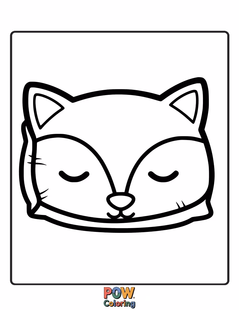 Free coloring page of A stylized fox face pillow, with its eyes gently closed. Color its bushy tail and peaceful slumber.