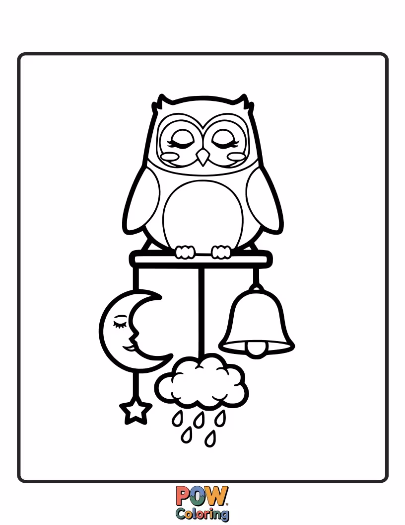 Free coloring page of A wise, sleepy owl perched near gentle wind chimes, enjoying the peaceful night.