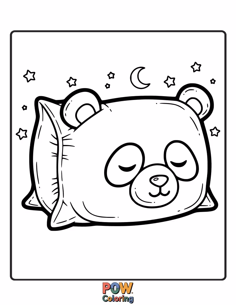 Free coloring page of A round pillow with a cute panda face, its eyes gently closed in slumber. Color its monochrome charm.