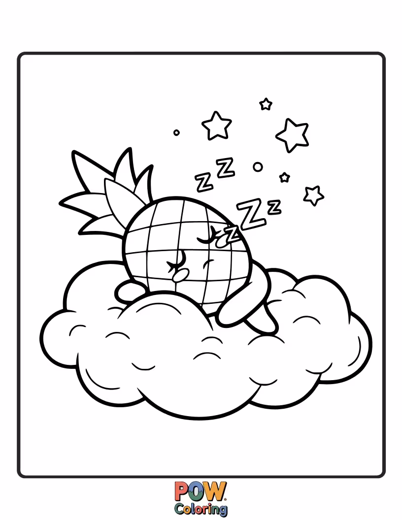 Free coloring page of A cozy pineapple nestled in a hammock, dreaming sweet dreams under a starry sky. Utterly relaxed and ready for color!