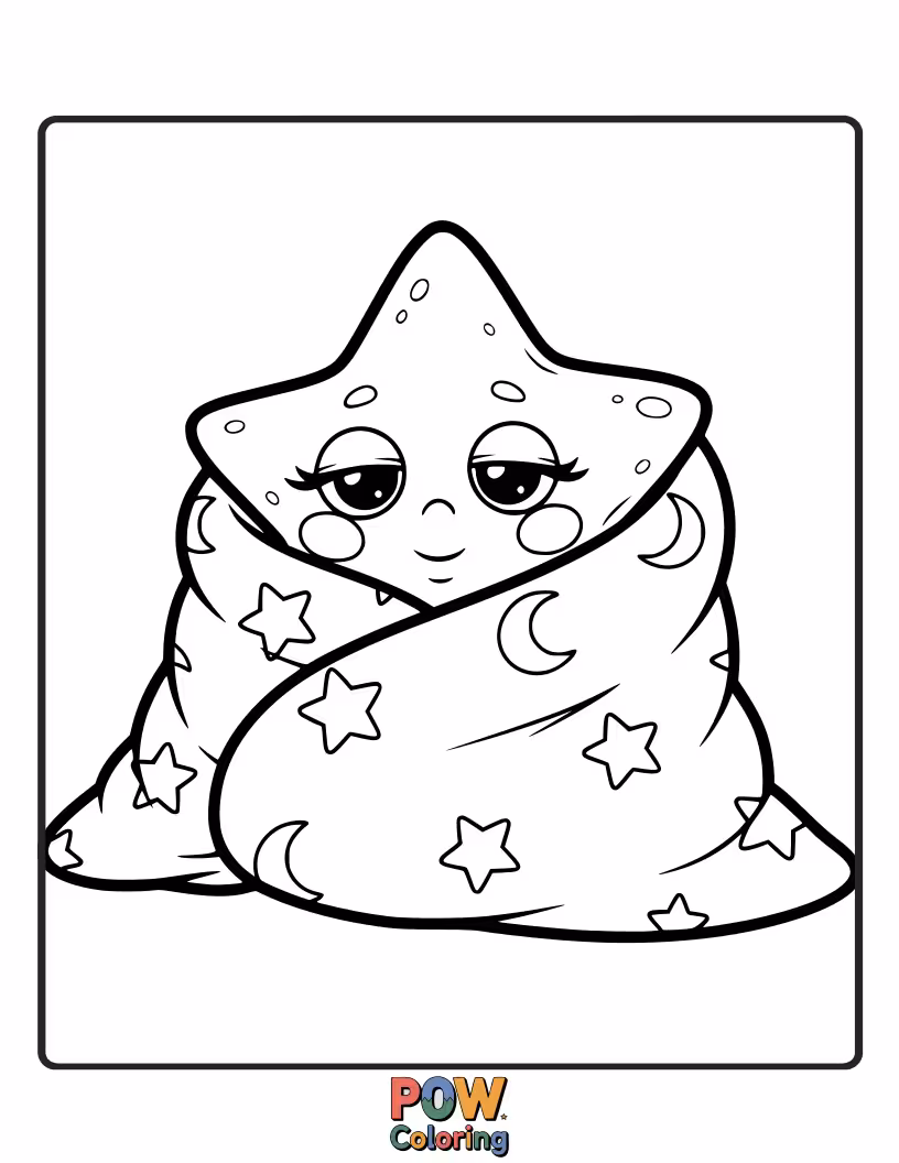Free coloring page of A smiling crescent moon nestled in a pile of soft stars, all arranged like a comforting blanket.
