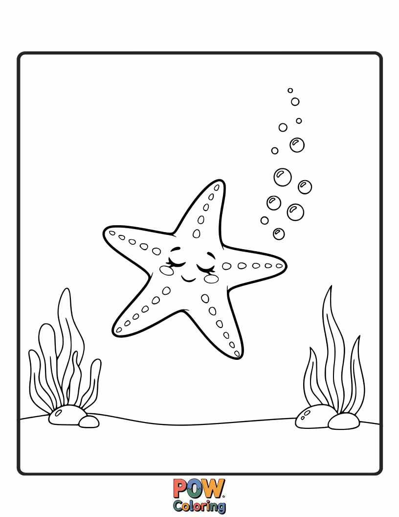 Free coloring page of A very relaxed starfish floats lazily on the surface of the water, enjoying a peaceful and gentle swim.