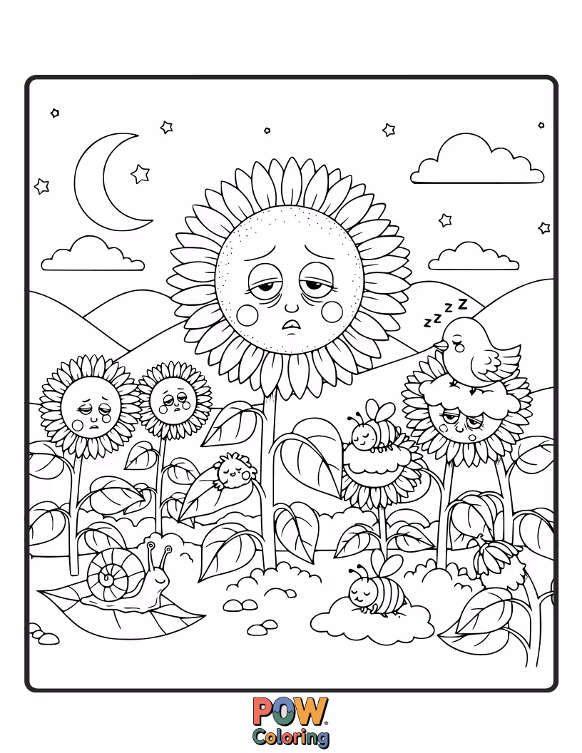 Free coloring page of Gigantic sunflowers with sleepy faces, some yawning, nestled amongst fluffy clouds and cheerful garden gnomes.