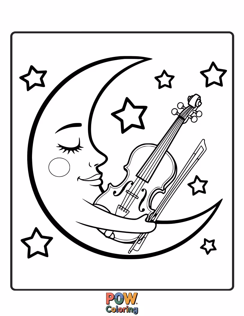 Free coloring page of A cozy violin is tucked into bed with a little moon, dreaming sweet musical dreams.