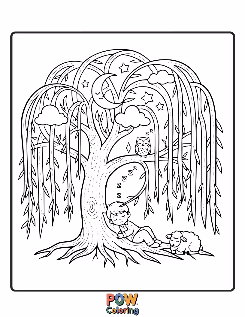 Free coloring page of A gentle weeping willow tree, softly dreaming under a starry sky, its branches like flowing hair.