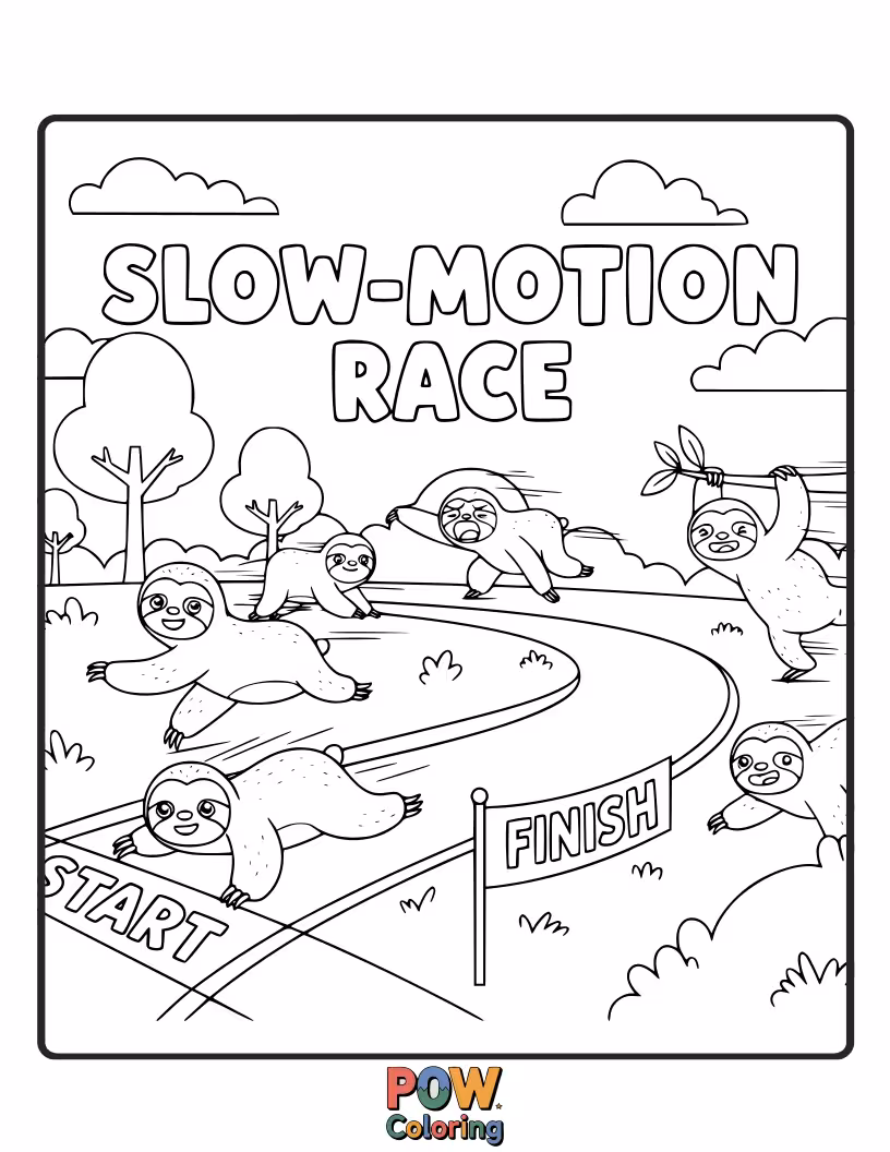 Free coloring page of A smiling sloth, moving incredibly slowly, is still in the lead during a race with much faster animals.
