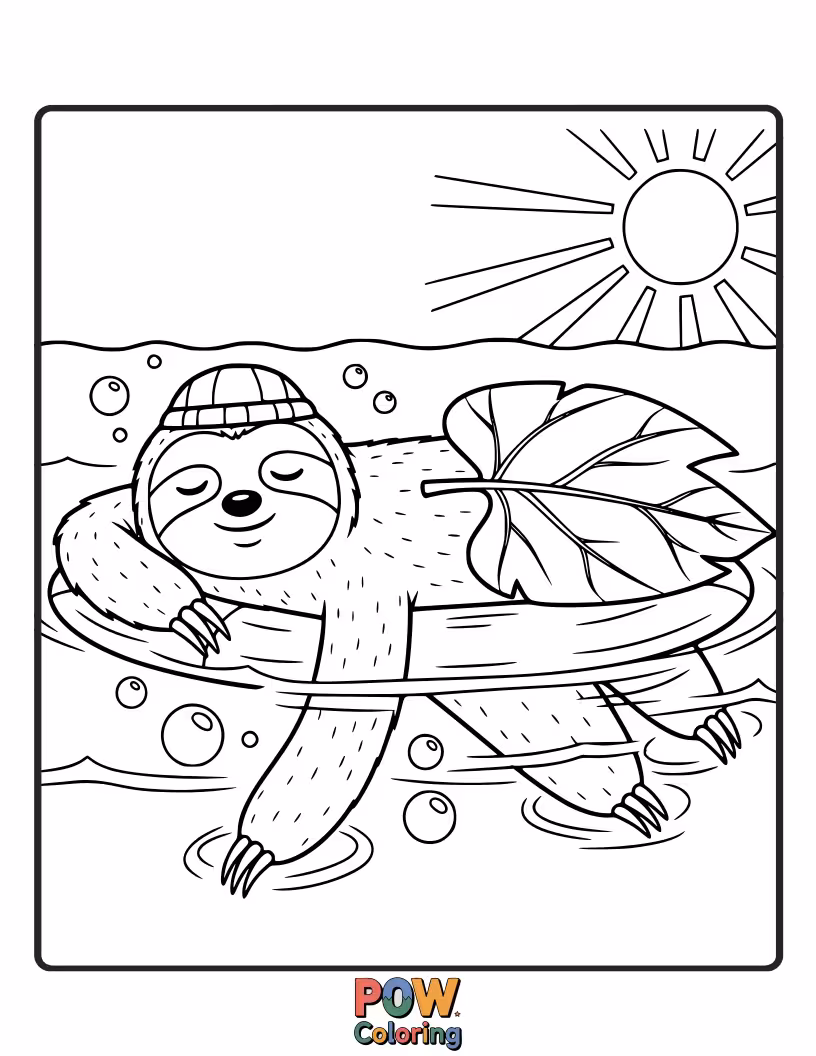 Free coloring page of A very slow-moving sloth takes a leisurely paddle in a calm river, enjoying the peaceful water.