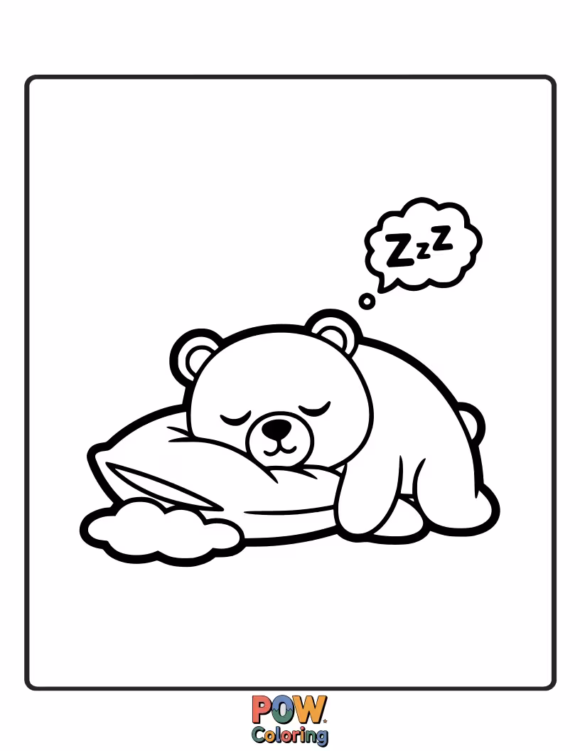 Free coloring page of A round pillow with a friendly bear face, fast asleep. Color its fuzzy ears and dreaming expression for ultimate cuteness.
