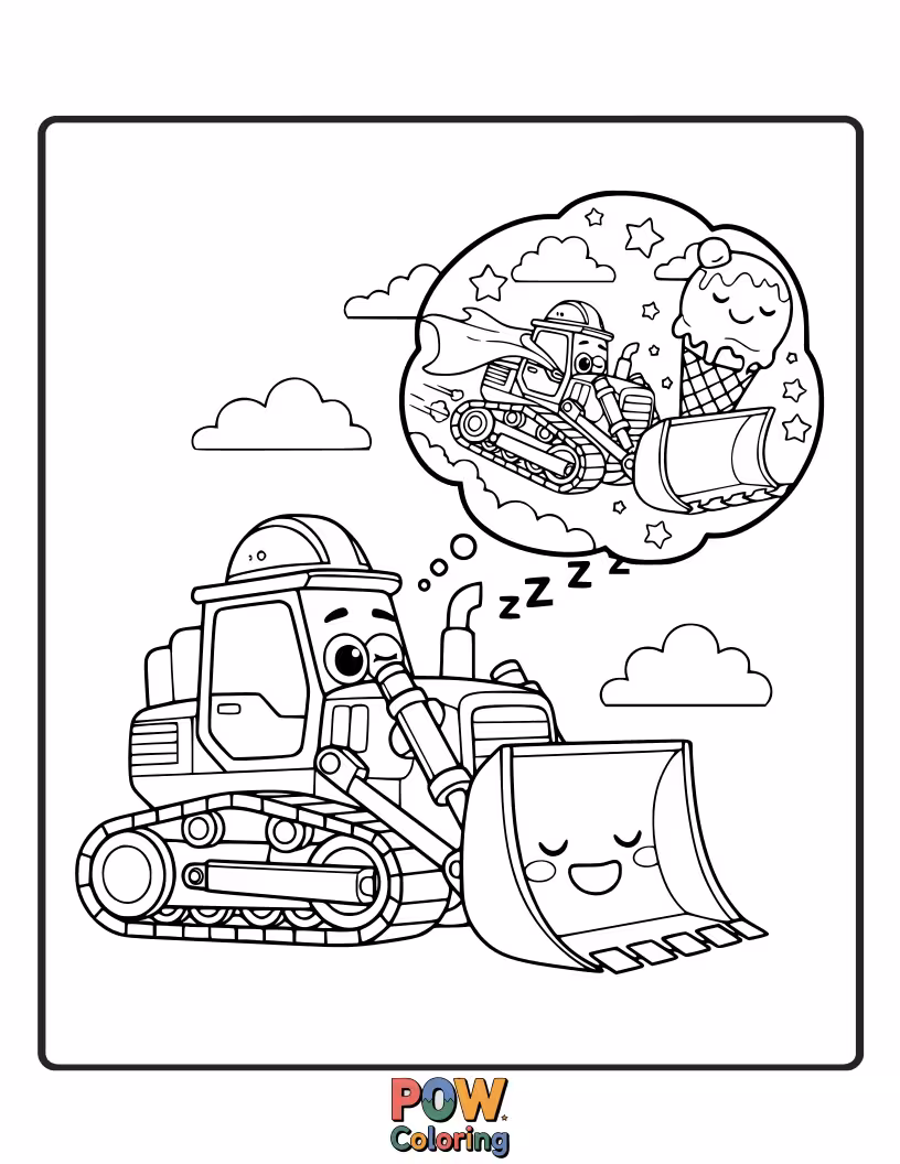 Free coloring page of A cheerful bulldozer with a smiling face dreaming of building a sandcastle.