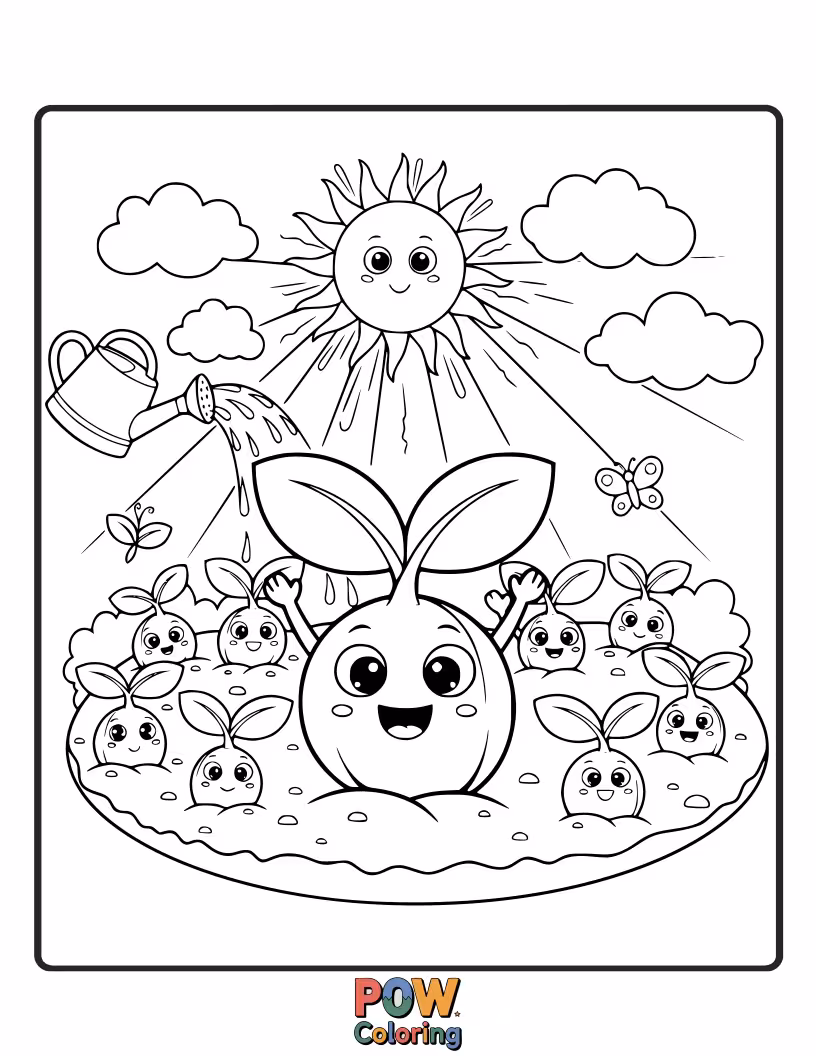Free coloring page of Happy little seedlings with smiley faces popping out of the soil, stretching towards a bright, cheerful sun.