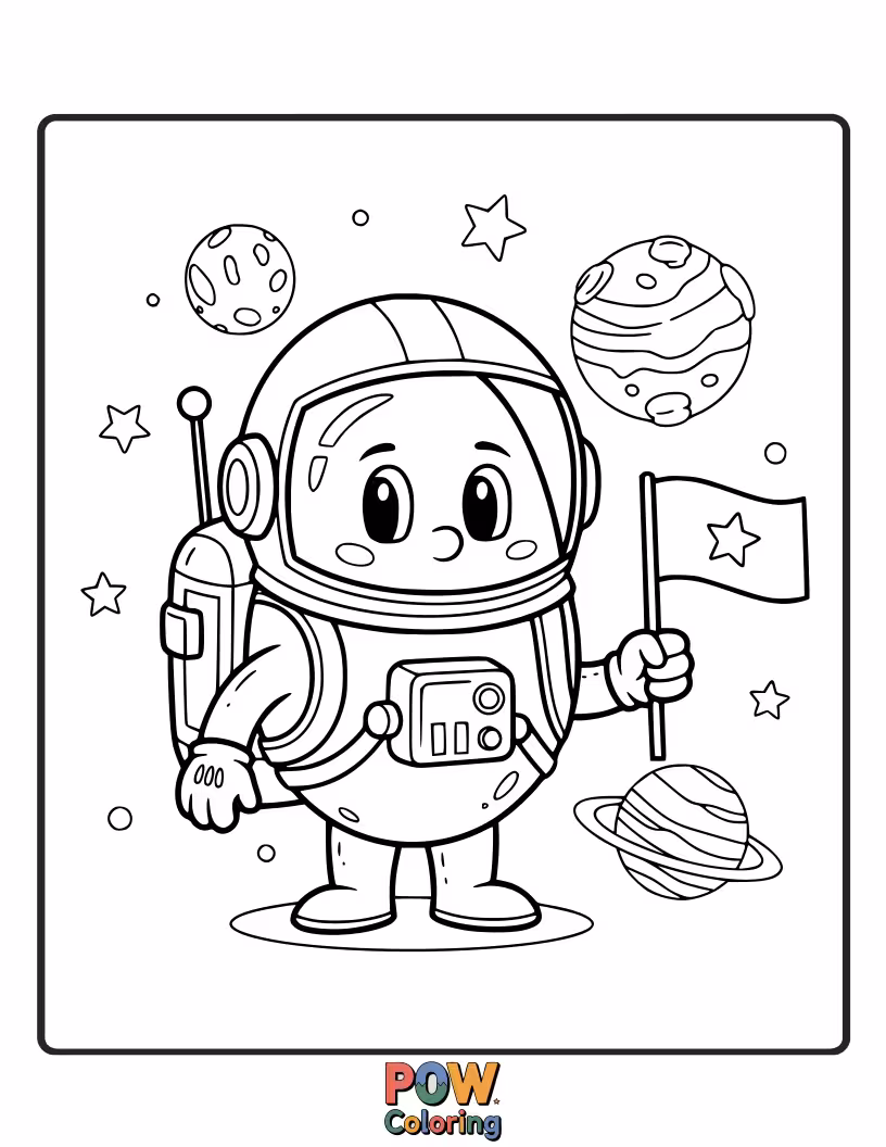 Free coloring page of An egg wearing a tiny astronaut helmet, floating amongst stars and planets, ready to embark on an interstellar coloring mission.
