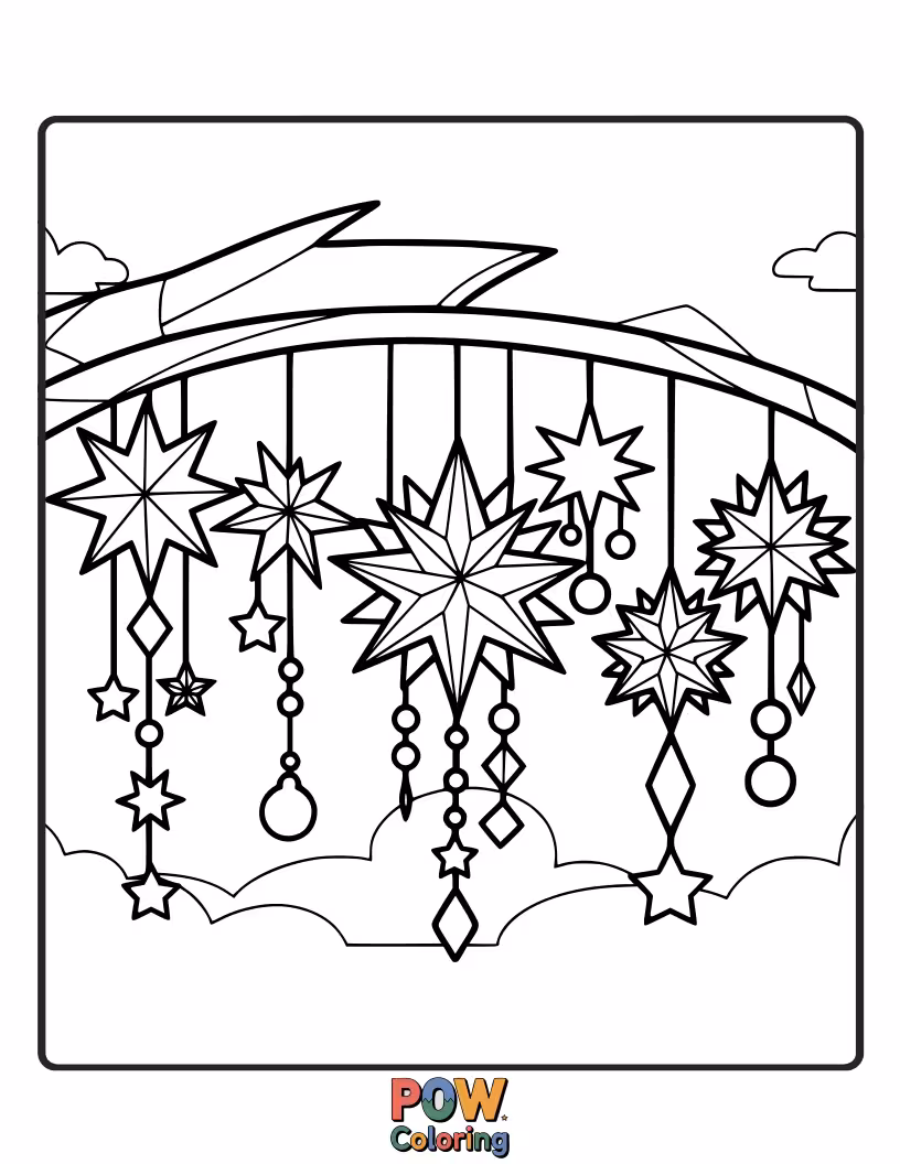 Free coloring page of Twinkling stars and crescent moons crafted into beautiful, celestial wind chimes.