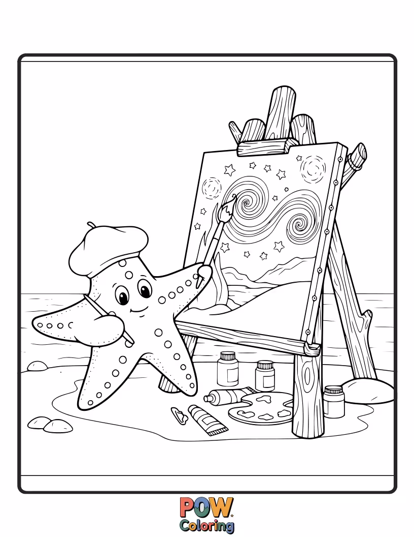 Free coloring page of A creative starfish painting a masterpiece on a sandy canvas using colorful coral brushes.