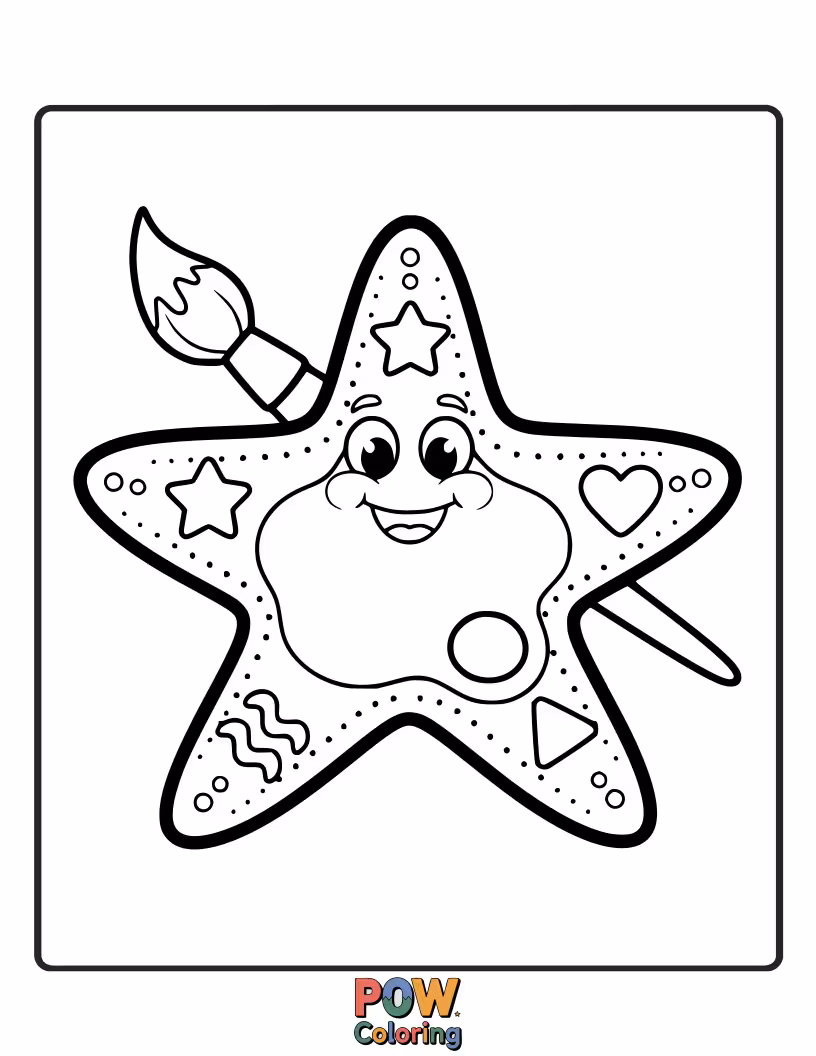 Free coloring page of A creative starfish holding a palette of vibrant shell paints, ready to add color to the ocean.