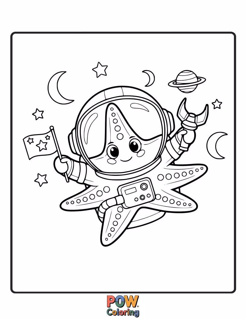 Free coloring page of A curious starfish in a mini spacesuit, floating amongst planets and stars in the vast universe.
