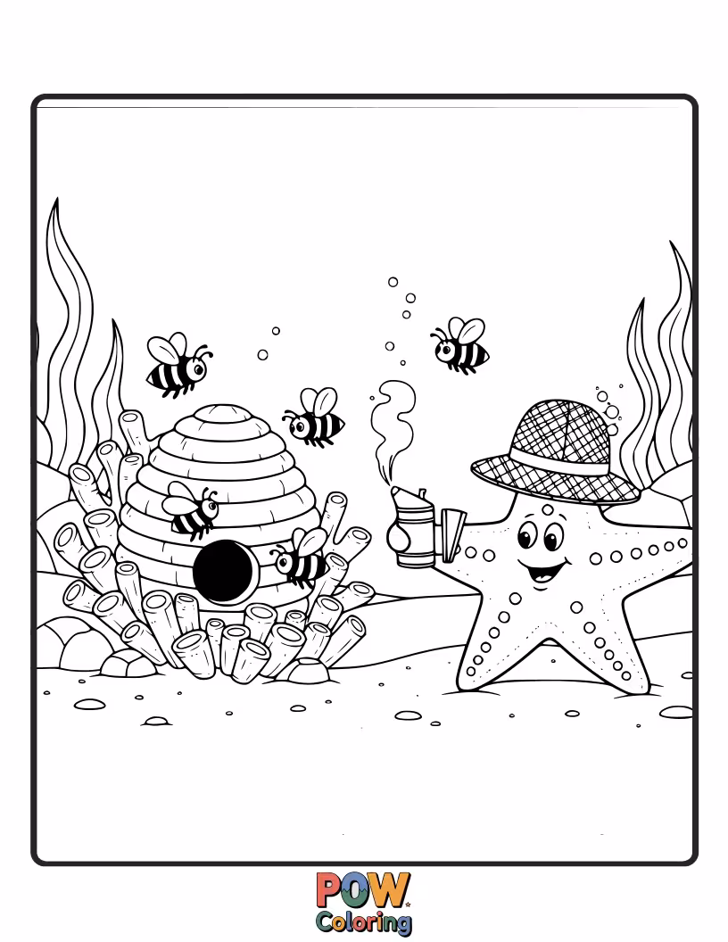 Free coloring page of A busy starfish in a protective veil, tending to a hive of sparkling sea bees.